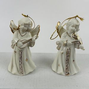 Set of 2 Ivory and Gold Porcelain Angel Bell Christmas Ornaments